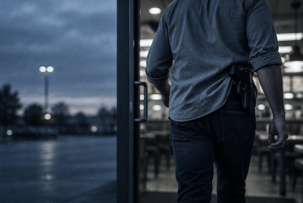 Illustration: a man seen from behind walking into a restaurant with a holstered handgun on his hip